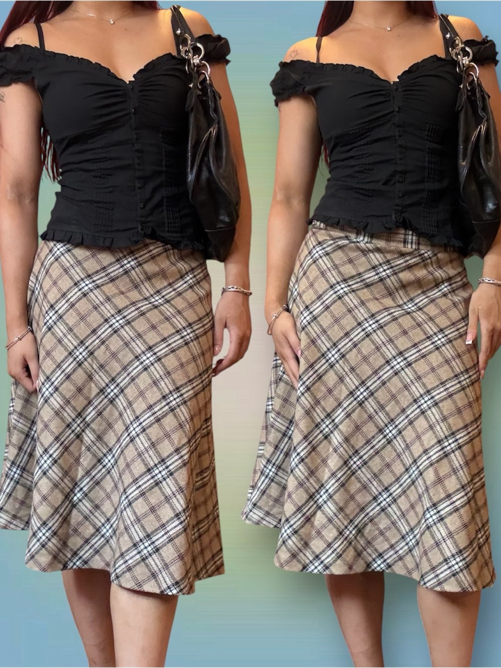Beige Plaid A-Line Midi Skirt - Women